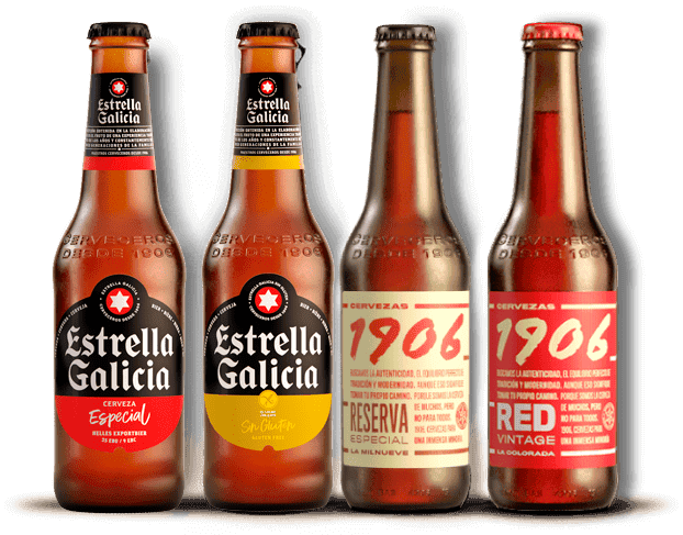 Botellas de Estrella Galicia Especial y sin Gluten, 1906 reserva y red vintage