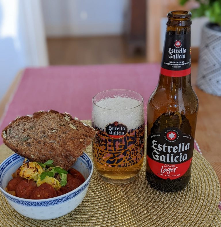 Chorizo in cider with burnt sprout leaves - Estrella Galicia UK