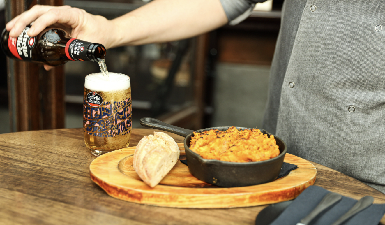 Chicken and chorizo pie topped with crushed sweet potato - Estrella Galicia UK
